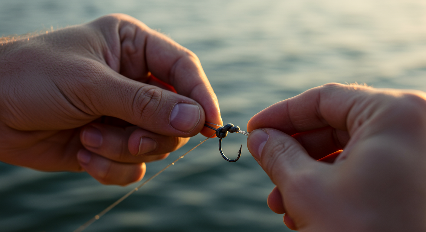 Close up hands tying a fishing knot on line
