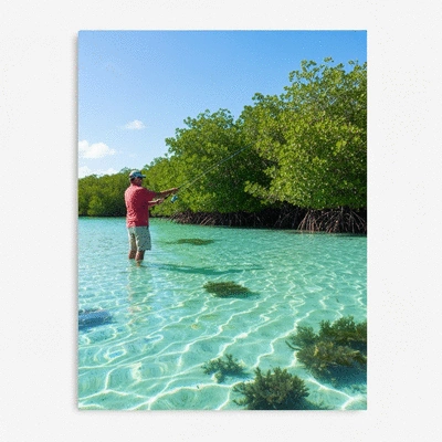 Angler casting a fishing line into clear, shallow waters in the Florida Keys with mangroves in the background, daytime, no text, no words, no typography, 8K