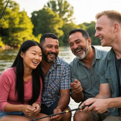 Group of friends fishing together, laughing and sharing stories