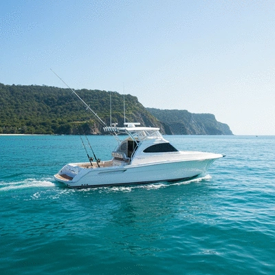Fishing boat on calm turquoise saltwater with fishing rods