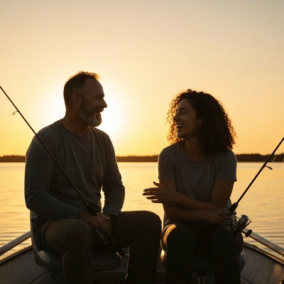Friends fishing together on a quiet lake at sunset, illustrating emotional connections