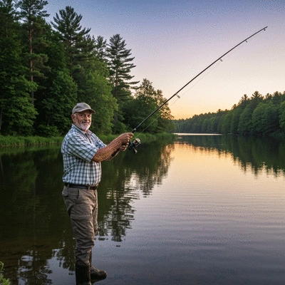 Angler casting a fishing rod into a calm, scenic freshwater lake at sunset, surrounded by lush trees, no text, no words, no typography, 8K