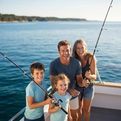 Family fishing together on a sunny coast
