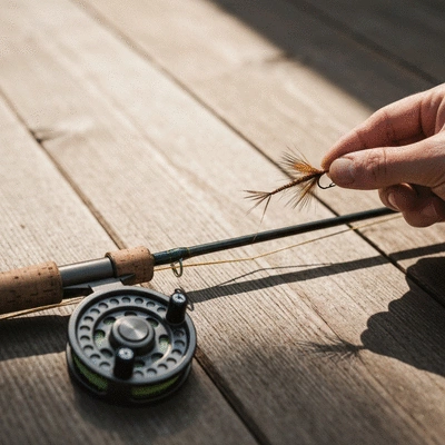 Fly fishing rod and reel with a hand holding a fly, showing basic equipment