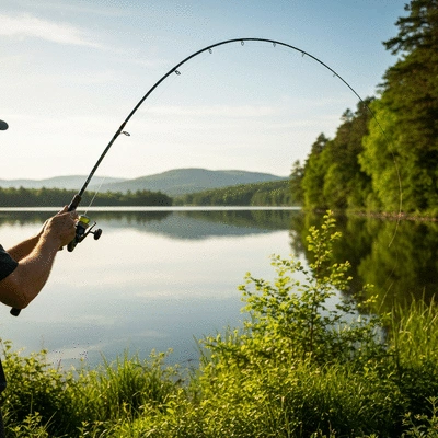 Angler practicing casting with a fishing rod in a calm, scenic outdoor environment, focused on technique