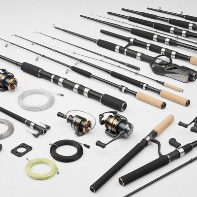Assortment of fishing gear, including rods, reels, and different types of lines, neatly organized on a clean background, no text, no words, no typography, 8K
