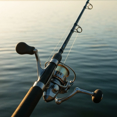 Close-up of a fishing rod and reel, with a calm lake or ocean in the background at sunrise or sunset, no text, no words, no typography, 8K