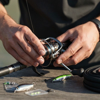 Close-up of a person cleaning and lubricating a fishing reel with a rod in the background