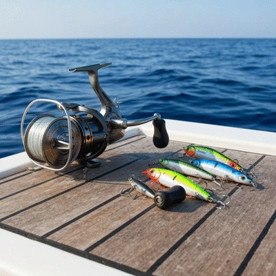 Close-up of fishing gear including a reel, fishing line, and lures on a boat deck, with clear ocean in background, no text, no words, no typography, 8K