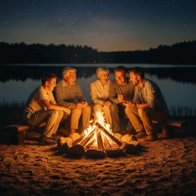 Family sharing stories around a campfire after a fishing trip