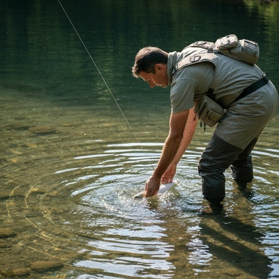 Angler practicing catch and release in a clean river, advocating for conservation