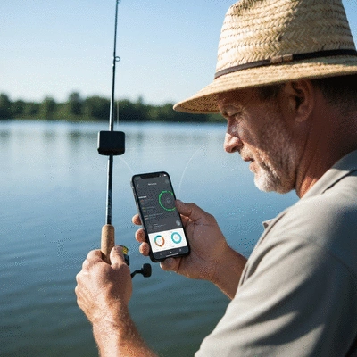 Fisherman actively using smart fishing gear, holding a rod with an attached sensor, while looking at a smartphone displaying a fishing app with data, natural outdoor setting