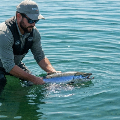 Fishing tournament official releasing a fish back into the water, emphasizing catch and release, no text, no words, no typography
