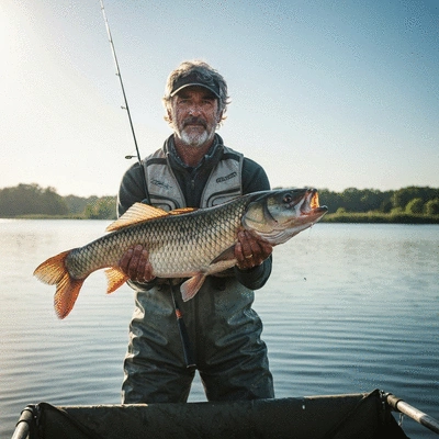 Angler proudly holding a large fish caught during a tournament, with a serene lake background, no text, no words, no typography