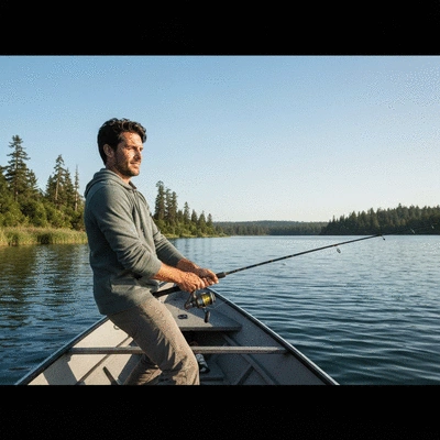 Angler on a boat actively jigging, with fishing rod in hand and water in background