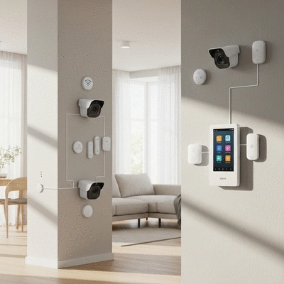 Overview of a modern smart home security system with various integrated devices