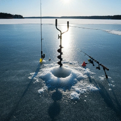 Ice fishing setup with auger and tip-up on a frozen lake