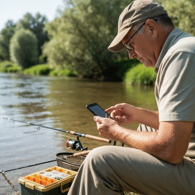 Fisherman reviewing local fishing regulations on a smartphone by a river, with fishing gear nearby, no text, no words, no typography, no labels, clean image