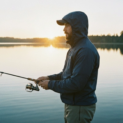 Person patiently fishing by a serene lake at sunrise, showing calm and focus, no text, no words, no typography, no labels, clean image