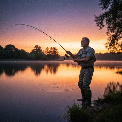 Angler casting a light tackle fishing rod in a serene lake at sunset