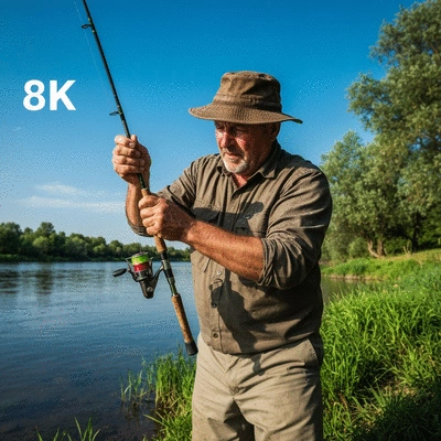 Fisherman setting a hook with concentration, focus on hands and fishing rod, outdoor setting, no text, no words, no typography, 8K