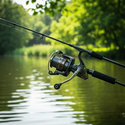 Close-up of a modern spinning reel on a fishing rod by a calm lake