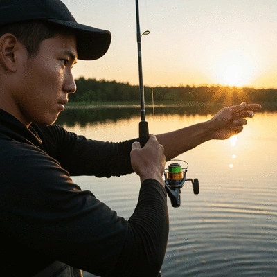 Angler demonstrating a precise casting technique on a lake at sunset