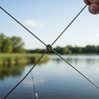 Close-up of fishing line being tied into a Palomar knot, showing strength and reliability