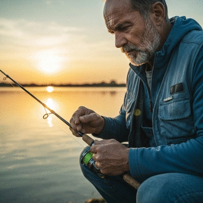 An angler inspecting their fishing equipment for wear and tear