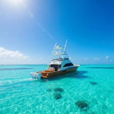 Fishing boat on crystal clear turquoise waters of Turks and Caicos