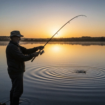 Fisherman casting a line into a serene lake at sunrise