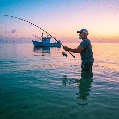Angler casting fishing line into a calm ocean at sunrise, with a boat in the background