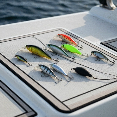 Close-up of fishing lures and tackle on a boat deck
