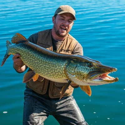 Angler proudly holding a large muskellunge fish, illustrating a personal best catch