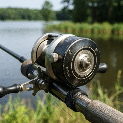 Close-up of a baitcasting reel on a fishing rod, with a blurred natural background