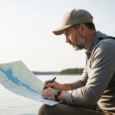Person thoughtfully planning a fishing trip, looking at a map or a lake, illustrating fishing goals and preferences