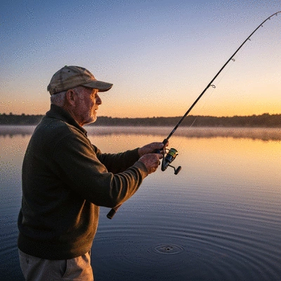 Angler casting a fishing rod on a lake at sunrise