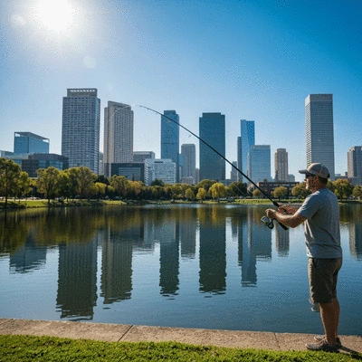 Urban fishing scene with an angler casting a line in a city park lake, surrounded by modern buildings under a clear sky, no text, no words, no typography, clean image