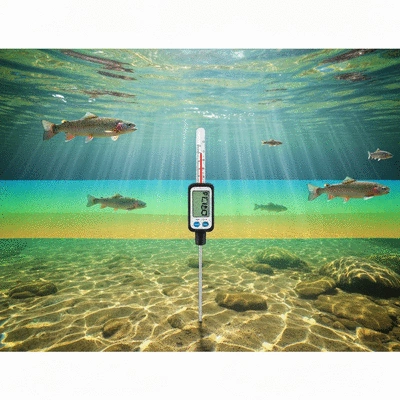 Digital thermometer measuring water temperature in a clear river, with fish swimming nearby