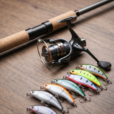 Close-up of fishing gear including a rod, reel, and various lures, ready for use