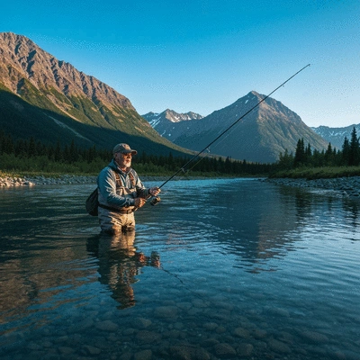 Scenic view of an angler fishing in an Alaskan river with mountains in the background