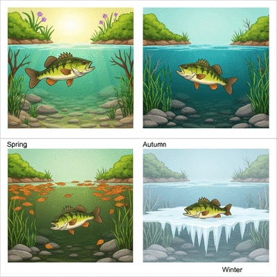 Vibrant illustration depicting bass fish in different seasonal habitats, showing varying depths, cover, and water conditions for each season, no text, no words, no typography, 8K, cartoon style