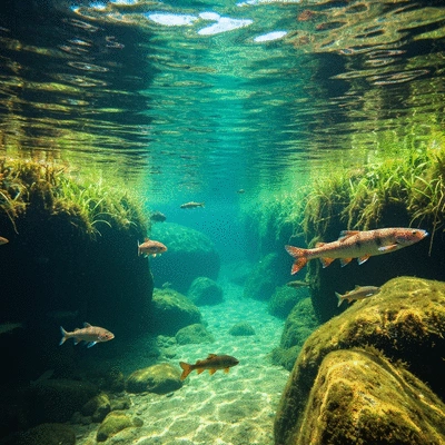 Underwater view of a clear stream with fish swimming near vegetation and rocks, natural light