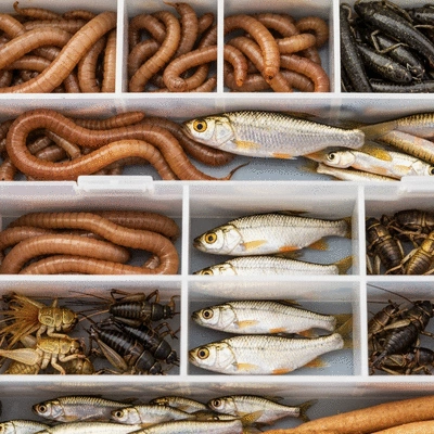 Close-up of fishing bait, including worms and minnows in a tackle box