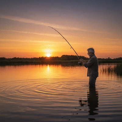 Person fishing alone in a serene lake at sunset