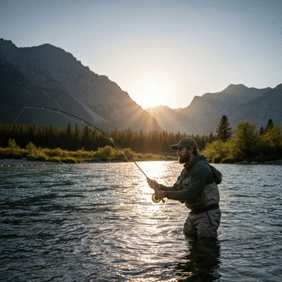 Person fly fishing in a clear, serene river with mountains in the background, no text, no words, no typography, clean image