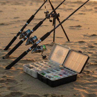 Assortment of surfcasting rods, reels, and tackle on a beach, natural lighting, no text, no words, no typography, 8K