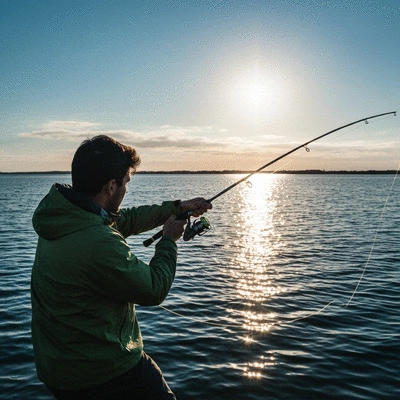Angler casting fishing line with precision, targeting a specific spot on the water, sun glinting, natural setting