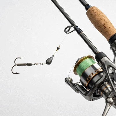 Close-up of a fishing rod and reel with a drop shot rig tied, showing the line, hook, and sinker clearly, on a clean background, no text, no words, no typography, 8K, natural lighting