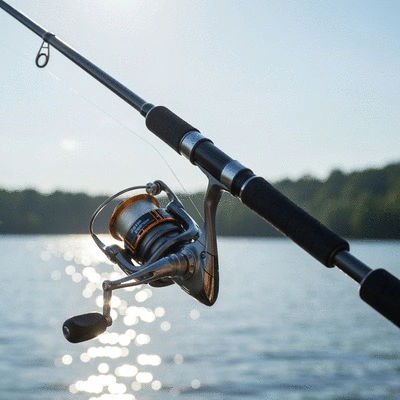 Close-up of a modern freshwater fishing rod with a reel attached, set against a blurred natural background of a lake or river, focus on rod details, no text, no words, no typography, 8K, clean image